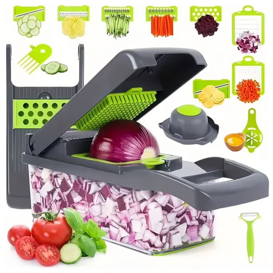 Coupe-légumes Multifonction 12 en 1 avec Lames et Récipient Intégré